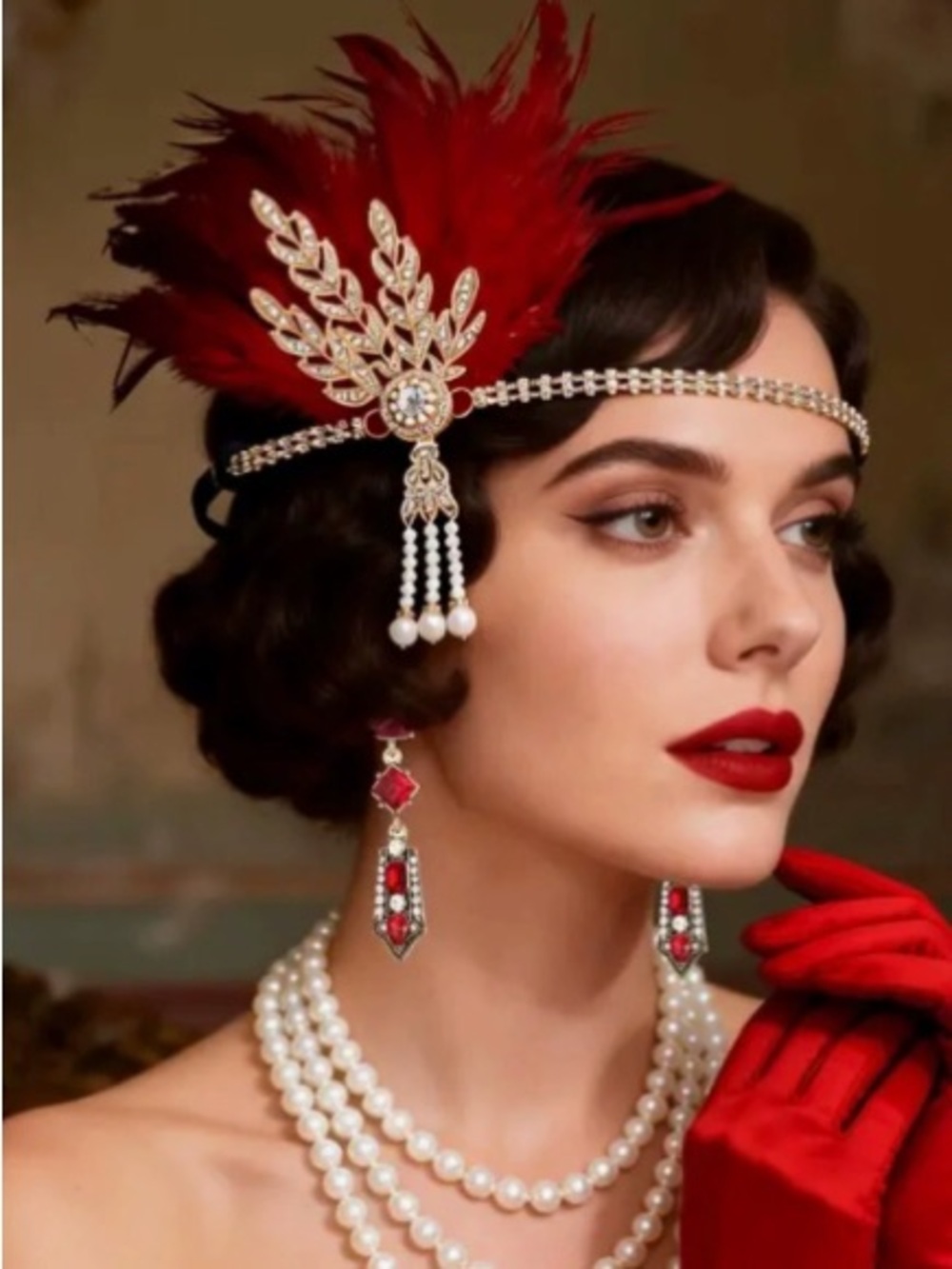 Vintage-Inspired Red Feather Headband with Pearl & Crystal Accents